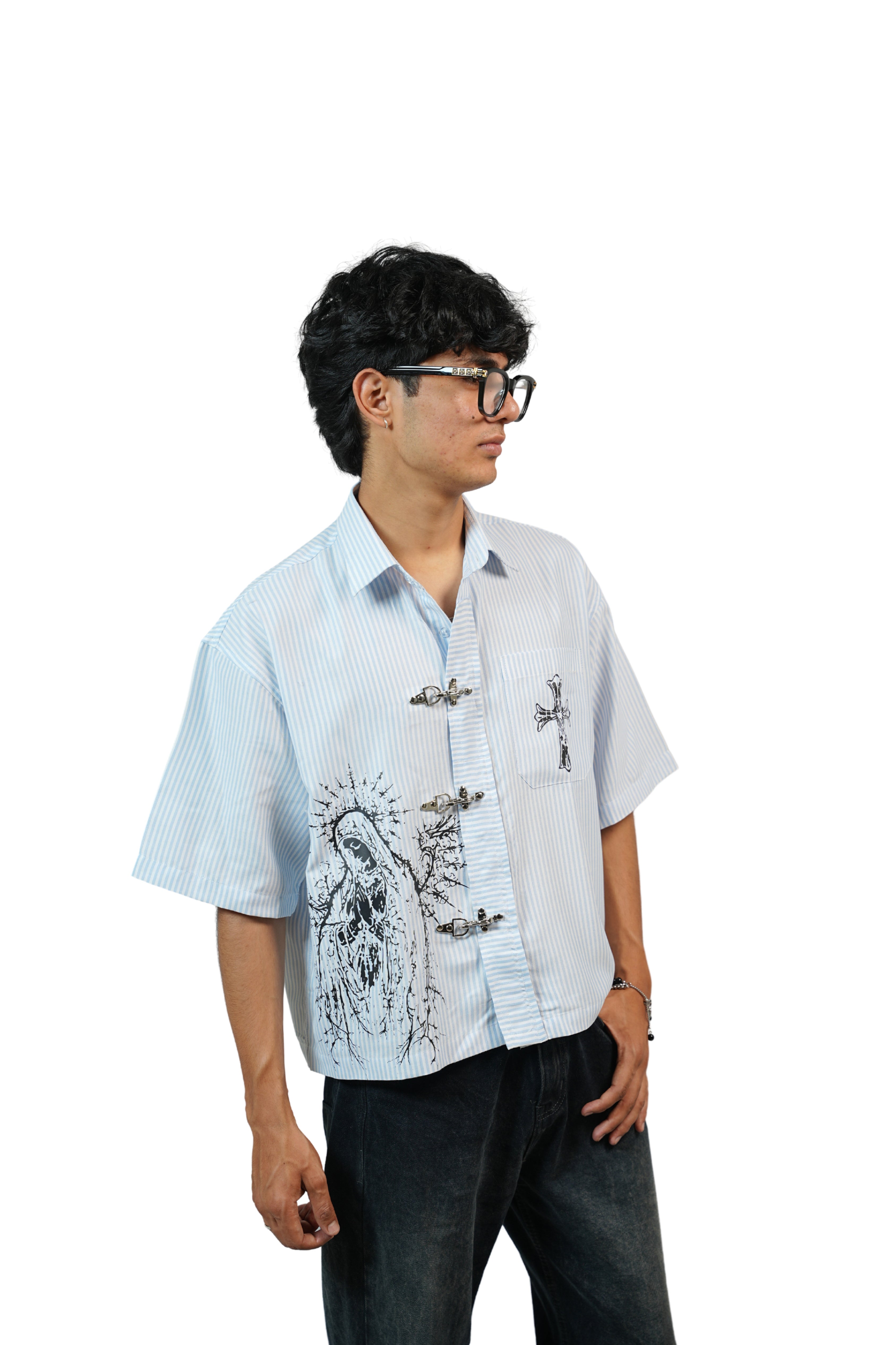Blue Stripe Buckle Boxy Shirt