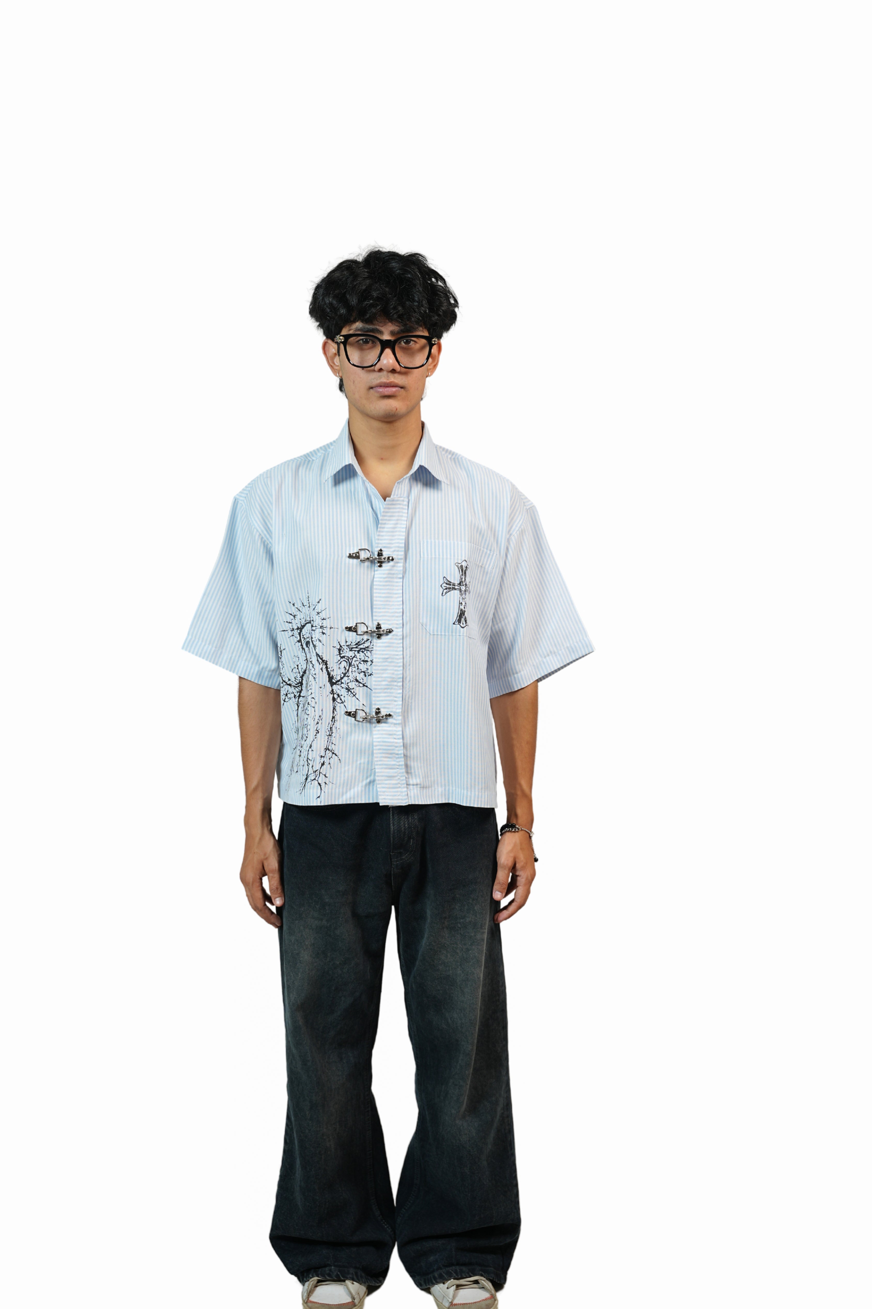 Blue Stripe Buckle Boxy Shirt