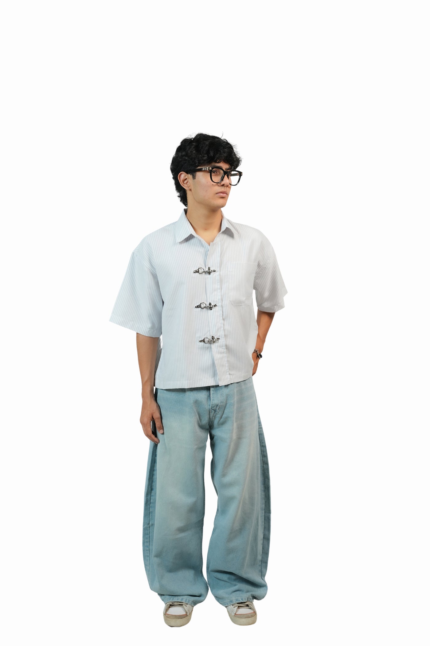 White Stripe Buckle Boxy Shirt