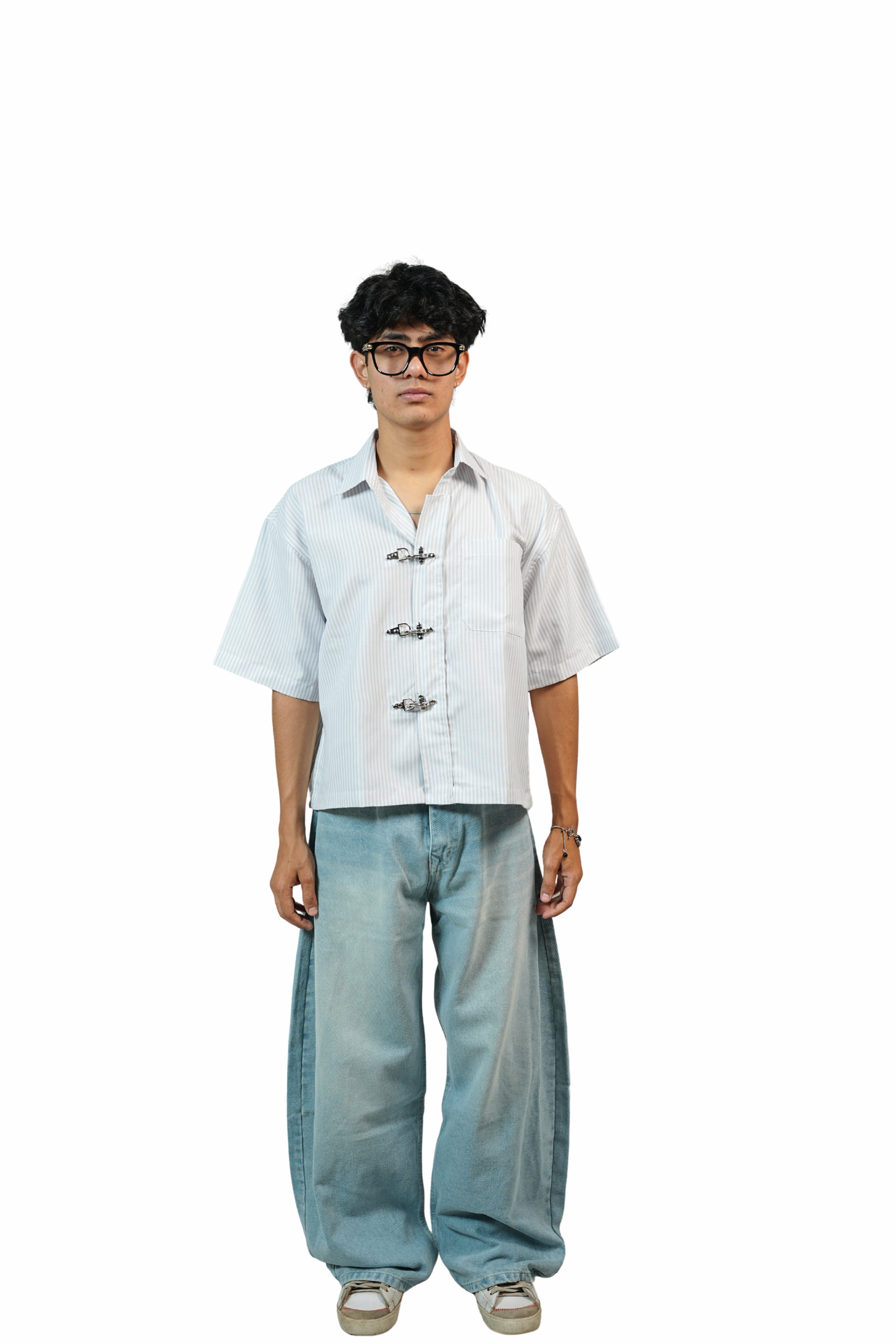 White Stripe Buckle Boxy Shirt