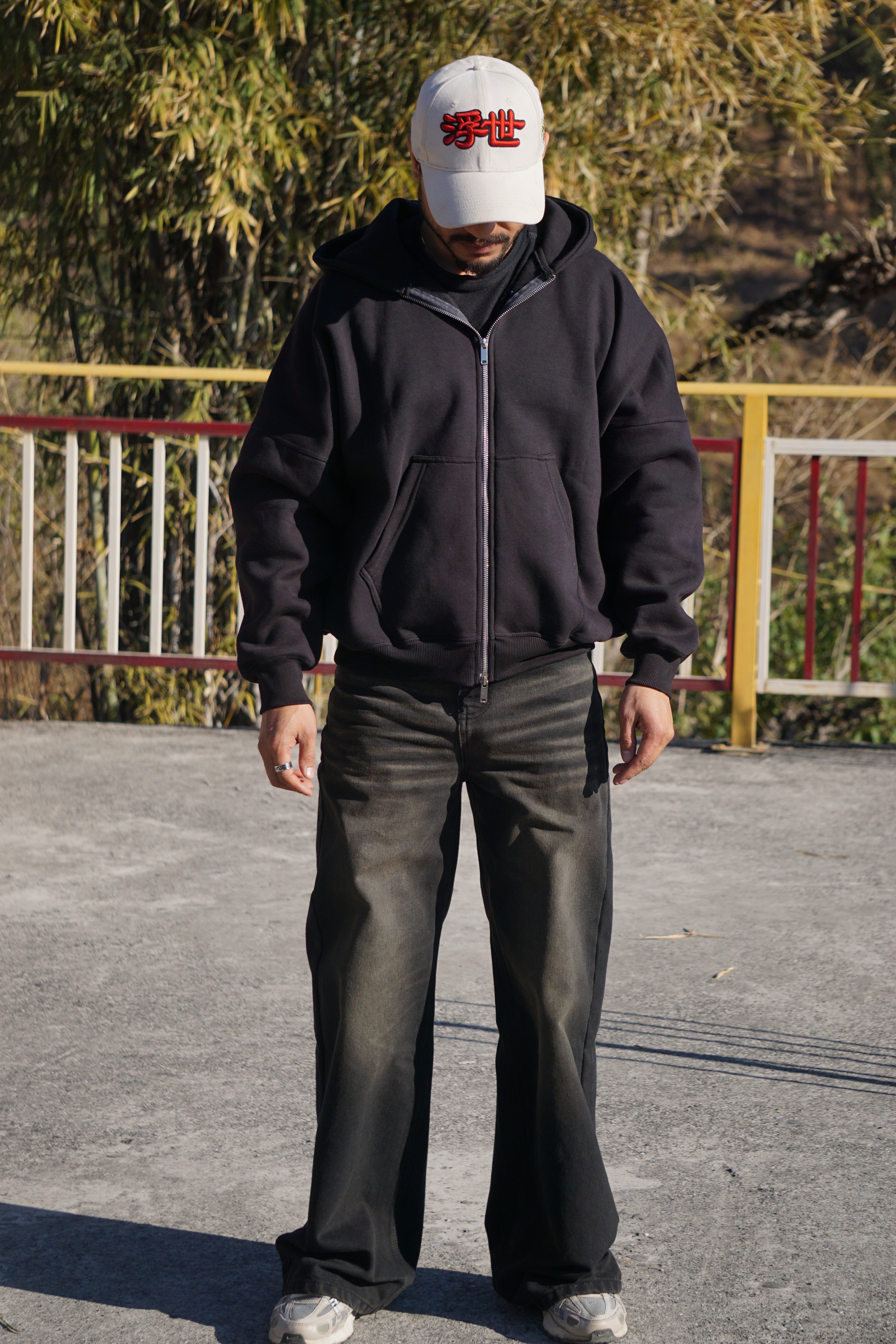 Plain Black 350 GSM Dual Zip Oversized Hoodie