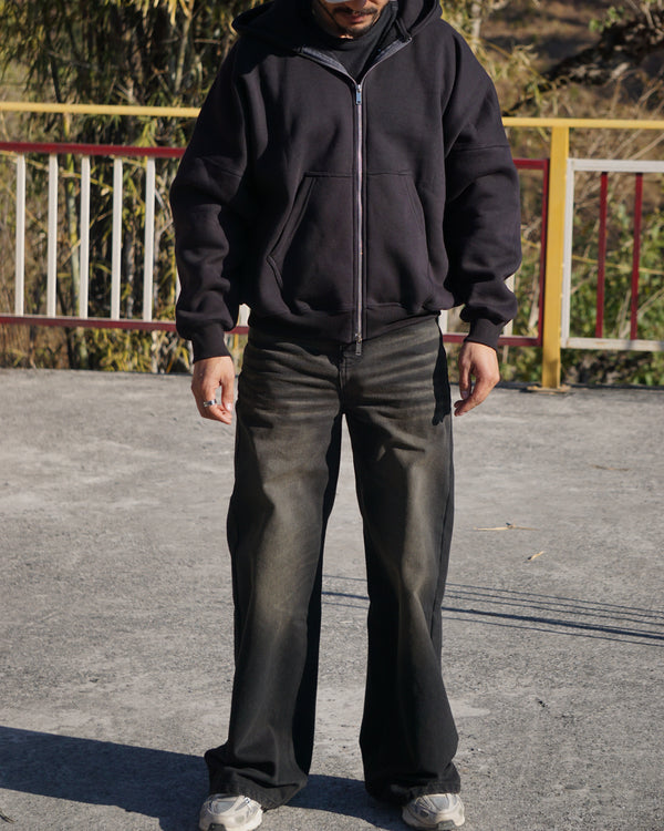 Plain Black 350 GSM Dual Zip Oversized Hoodie