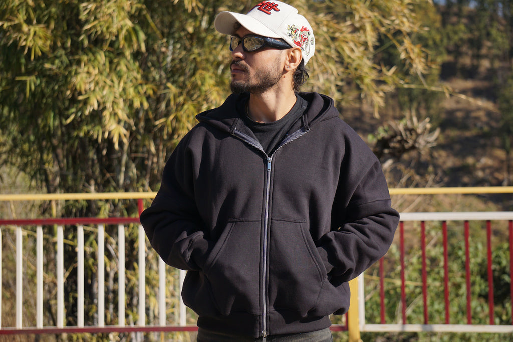 Plain Black 350 GSM Dual Zip Oversized Hoodie