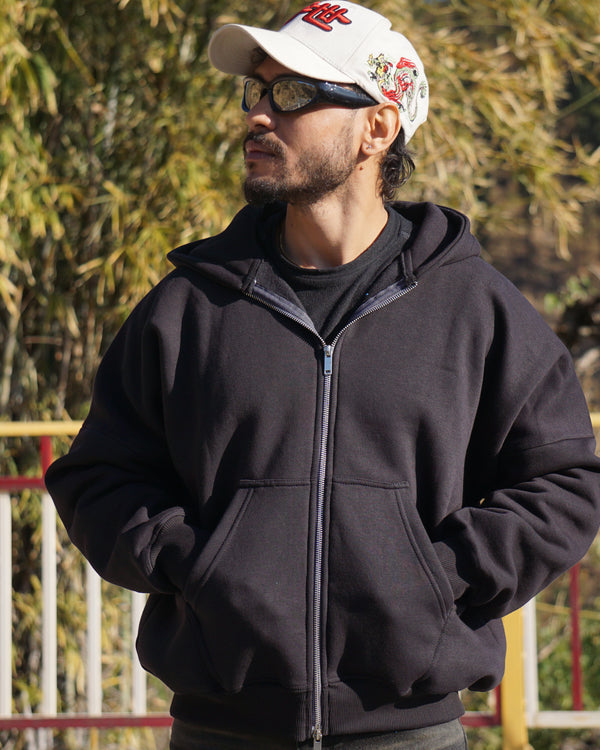 Plain Black 350 GSM Dual Zip Oversized Hoodie